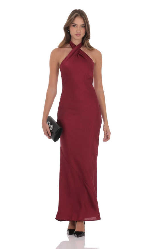 Elegant Sheath Halter-Neck Cut-Out-Back Burgundy Satin Floor-Length Prom Dresses