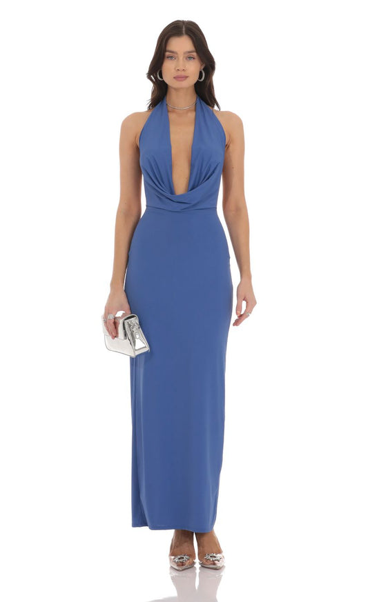 Elegant Sheath Halter-Neck Deep V Cut-Out Open-Back Cobalt Blue Floor-Length Prom Dresses