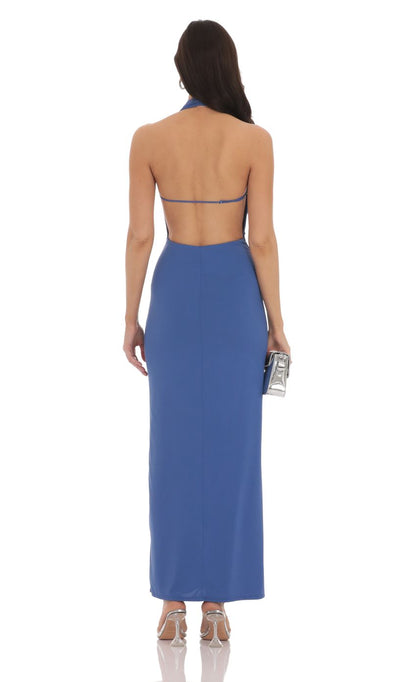 Elegant Sheath Halter-Neck Deep V Cut-Out Open-Back Cobalt Blue Floor-Length Prom Dresses