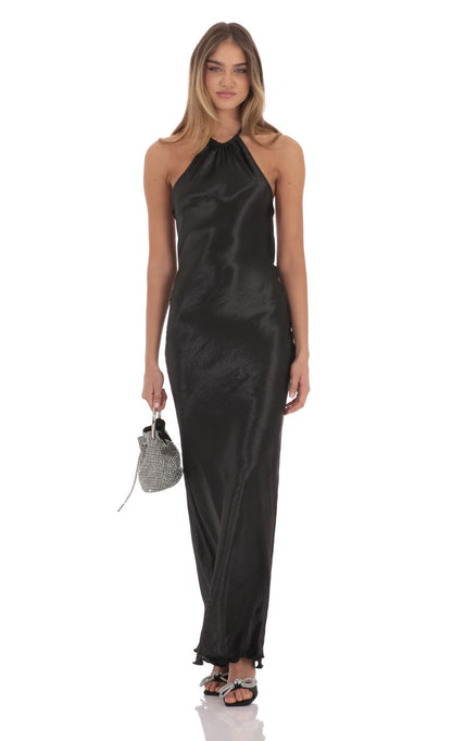 Elegant Sheath Halter-Neck Rhinestone-Strap Open-Back Black Satin Floor-Length Prom Dresses