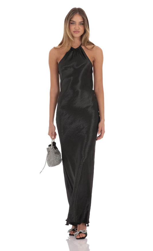 Elegant Sheath Halter-Neck Rhinestone-Strap Open-Back Black Satin Floor-Length Prom Dresses