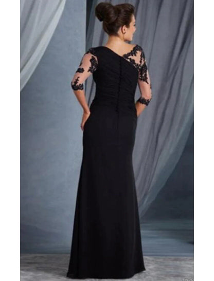 Side view of the elegant black lace evening dress.