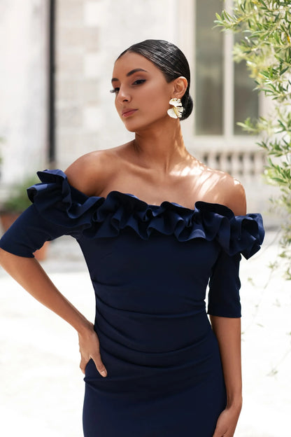 Elegant Sheath Off-Shoulder Ruffle Half-Sleeve Ruched Maxi Evening Dress
