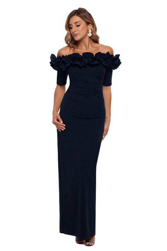 Elegant Sheath Off-Shoulder Ruffle Half-Sleeve Ruched Maxi Evening Dress