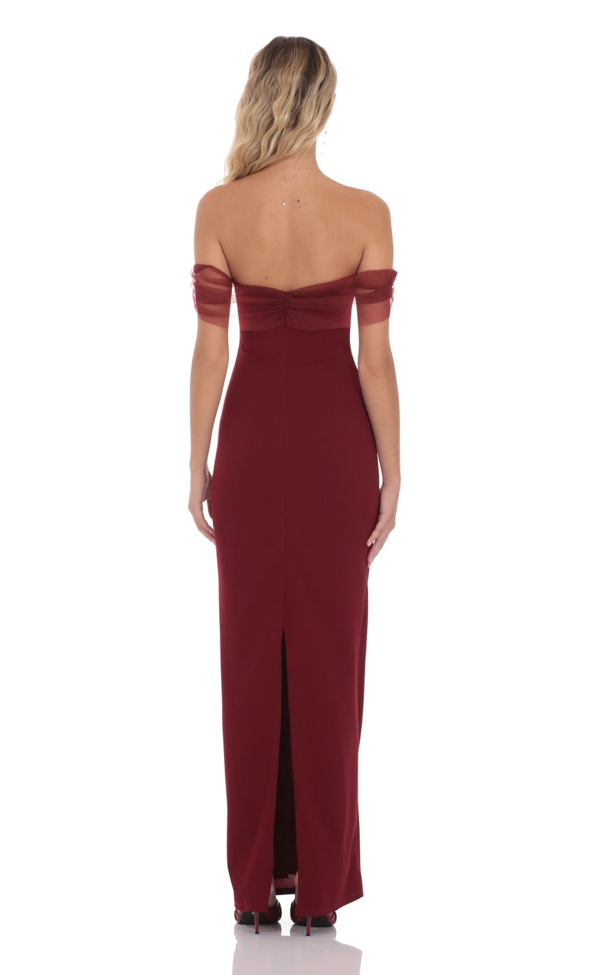 Elegant Sheath Off-Shoulder Tulle-Accented Open-Back Burgundy Floor-Length Prom Dresses