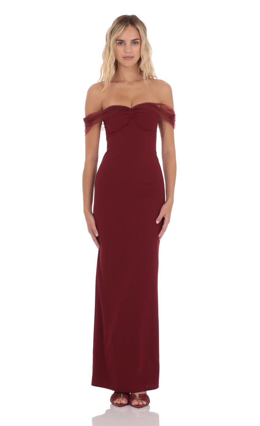 Elegant Sheath Off-Shoulder Tulle-Accented Open-Back Burgundy Floor-Length Prom Dresses