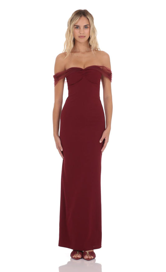 Elegant Sheath Off-Shoulder Tulle-Accented Open-Back Burgundy Floor-Length Prom Dresses