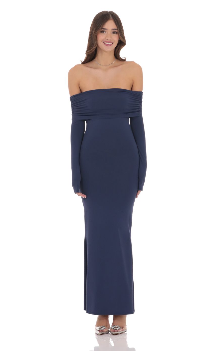 Elegant Sheath Off-The-Shoulder Long-Sleeve Cut-Out-Back Navy Stretch-Fabric Floor-Length Prom Dresses