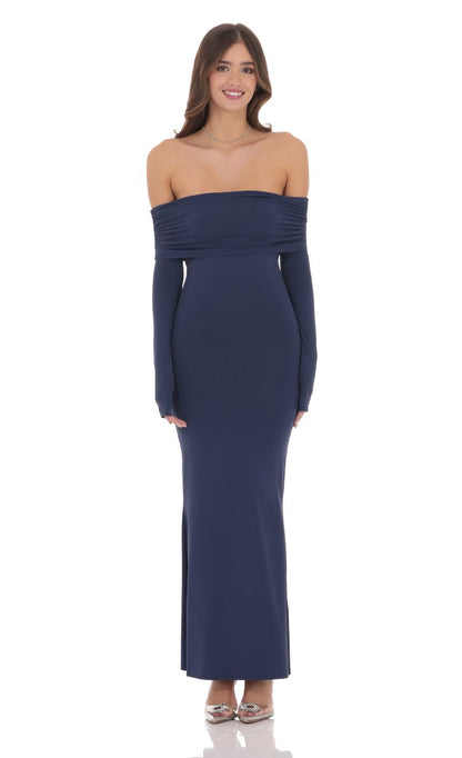 Elegant Sheath Off-The-Shoulder Long-Sleeve Cut-Out-Back Navy Stretch-Fabric Floor-Length Prom Dresses