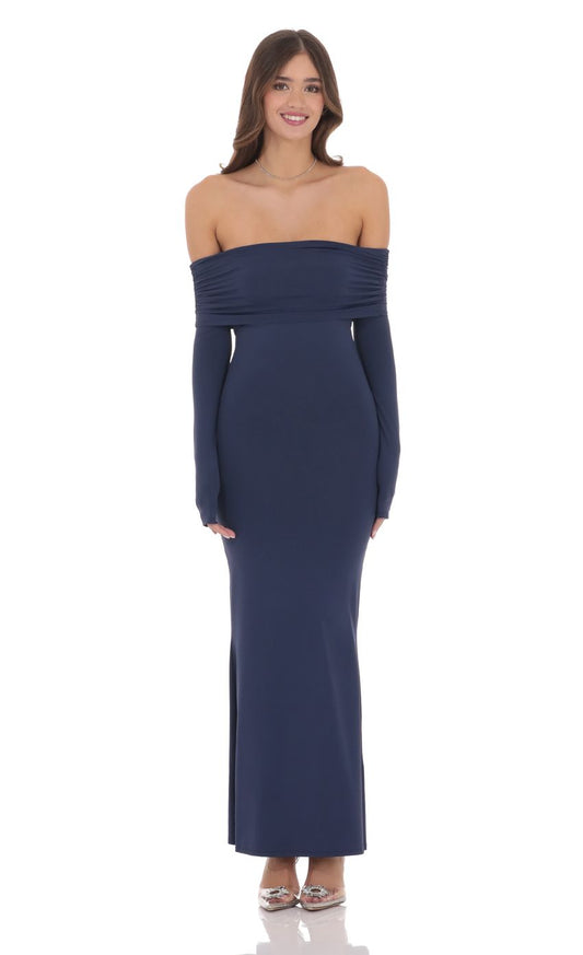 Elegant Sheath Off-The-Shoulder Long-Sleeve Cut-Out-Back Navy Stretch-Fabric Floor-Length Prom Dresses