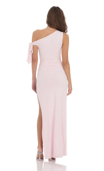 Elegant Sheath One-Shoulder Bow-Accent Ruched Floor-Length Prom Dresses