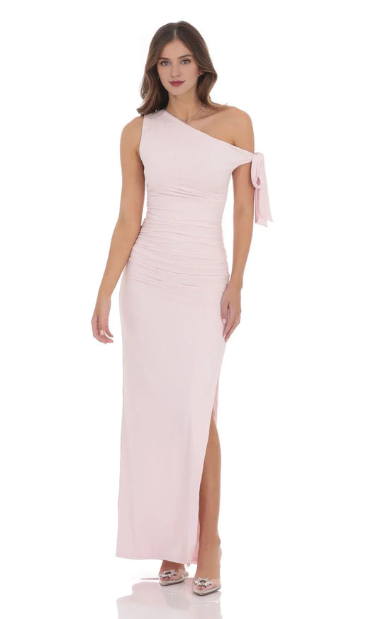 Elegant Sheath One-Shoulder Bow-Accent Ruched Floor-Length Prom Dresses