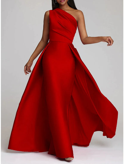 Model wearing a hot pink one-shoulder satin sheath gown with an overskirt.