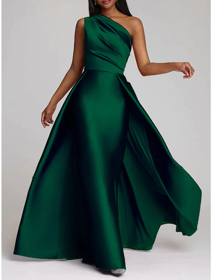 Close-up of the one-shoulder neckline and satin fabric of the gown.
