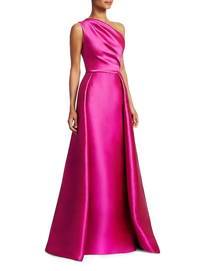 Side view of the flowing overskirt detail on the satin evening dress.
