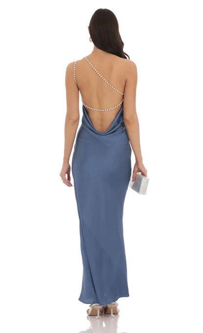 Elegant Sheath One-Shoulder Satin Pearl-Trim Open-Back Floor-Length Prom Dresses
