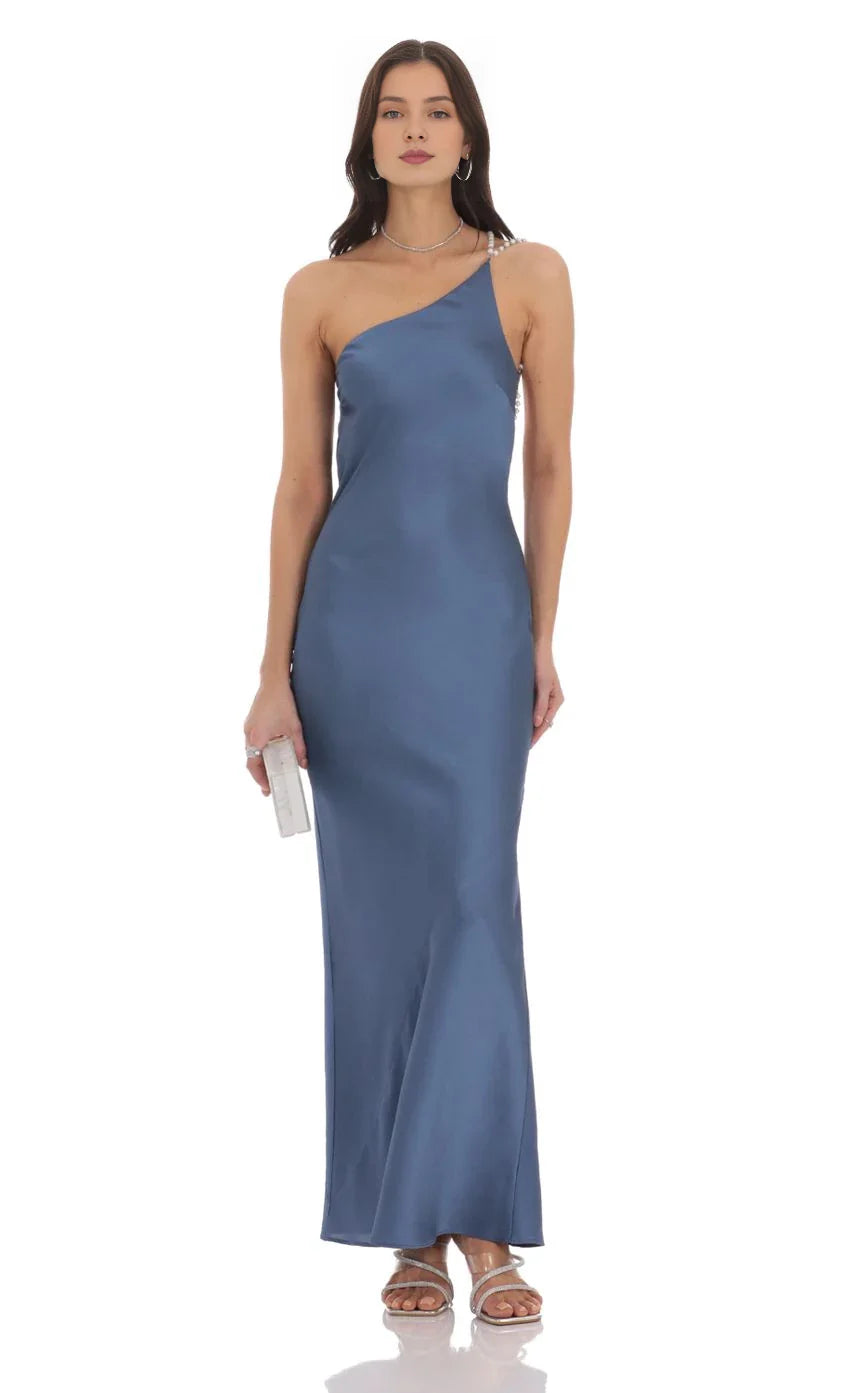 Elegant Sheath One-Shoulder Satin Pearl-Trim Open-Back Floor-Length Prom Dresses