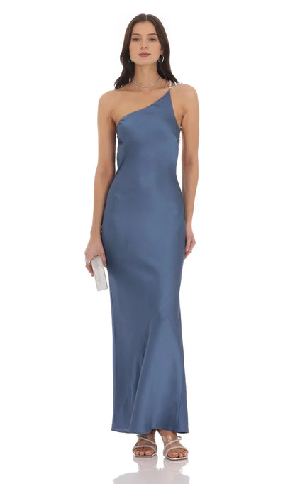 Elegant Sheath One-Shoulder Satin Pearl-Trim Open-Back Floor-Length Prom Dresses