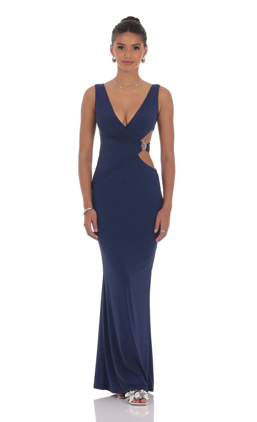 Elegant Sheath Sleeveless Cut-Out-Back Navy Jersey Floor-Length Prom Dresses