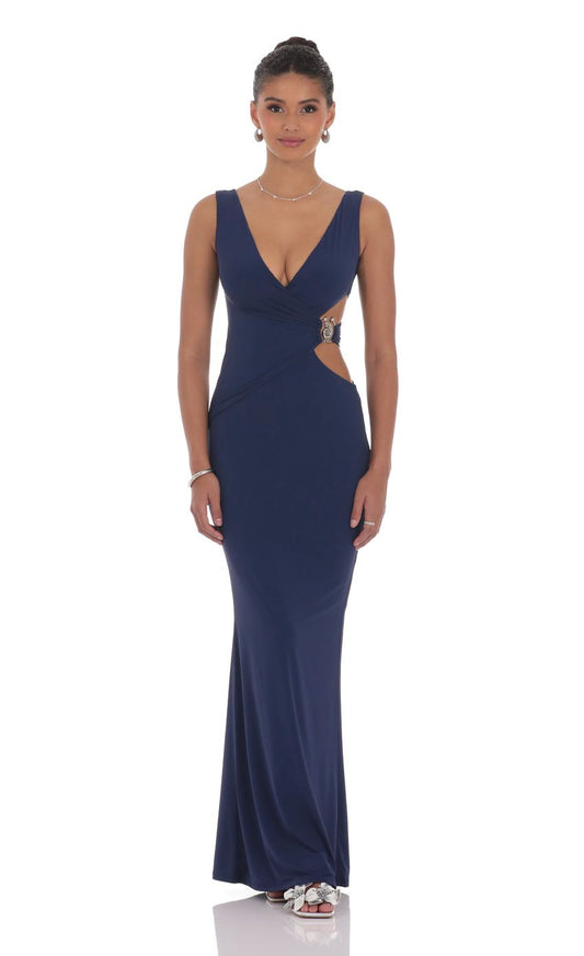 Elegant Sheath Sleeveless Cut-Out-Back Navy Jersey Floor-Length Prom Dresses