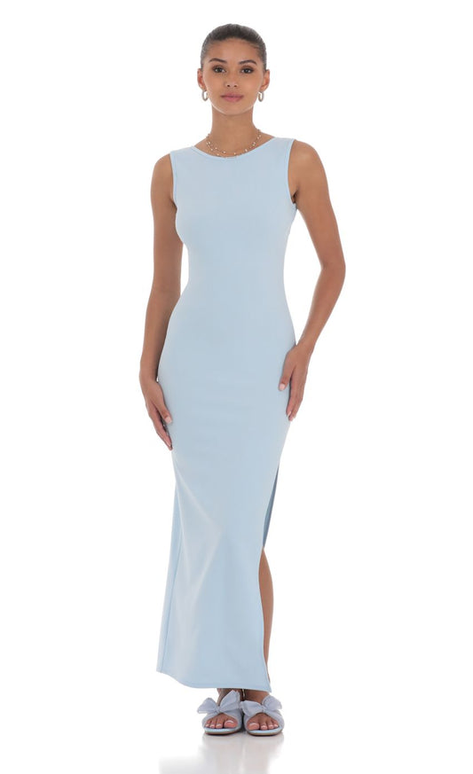 Elegant Sheath Sleeveless Scoop-Neck Open-Back Baby-Blue Jersey Floor-Length Prom Dresses