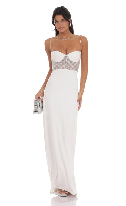 Elegant Sheath Spaghetti-Strap Sleeveless Crisscross-Back Ivory Lace-Bodice Floor-Length Prom Dresses