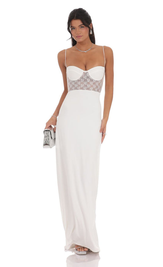 Elegant Sheath Spaghetti-Strap Sleeveless Crisscross-Back Ivory Lace-Bodice Floor-Length Prom Dresses