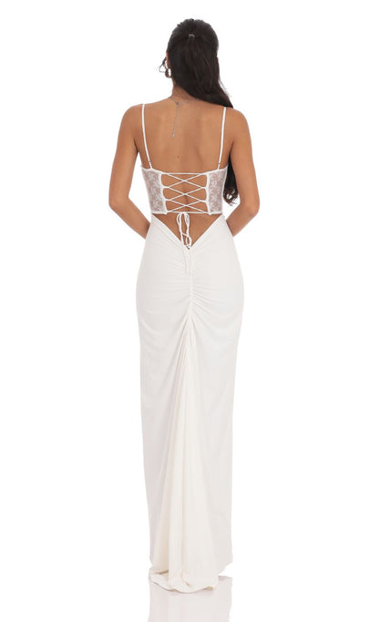 Elegant Sheath Spaghetti-Strap Sleeveless Crisscross-Back Ivory Lace-Bodice Floor-Length Prom Dresses
