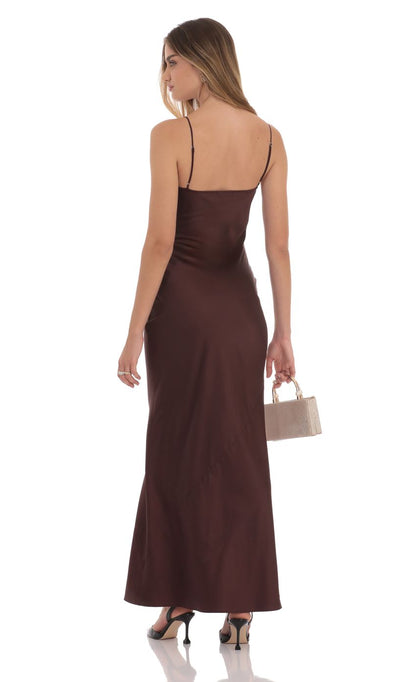 Elegant Sheath Spaghetti-Strap Sleeveless Open-Back Chocolate Satin Floor-Length Prom Dresses