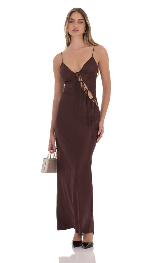 Elegant Sheath Spaghetti-Strap Sleeveless Open-Back Chocolate Satin Floor-Length Prom Dresses
