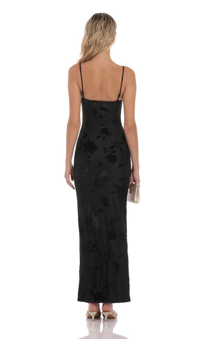 Elegant Sheath Square-Neck Spaghetti-Strap Floral Velvet Black Floor-Length Prom Dresses