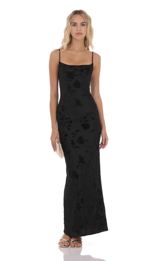 Elegant Sheath Square-Neck Spaghetti-Strap Floral Velvet Black Floor-Length Prom Dresses