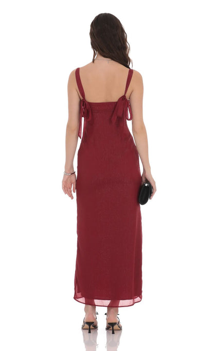 Elegant Sheath Square-Neck Spaghetti-Strap Tie-Back Burgundy Shimmer-Chiffon Floor-Length Prom Dresses