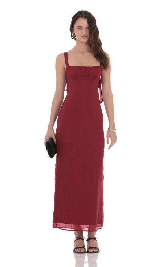 Elegant Sheath Square-Neck Spaghetti-Strap Tie-Back Burgundy Shimmer-Chiffon Floor-Length Prom Dresses