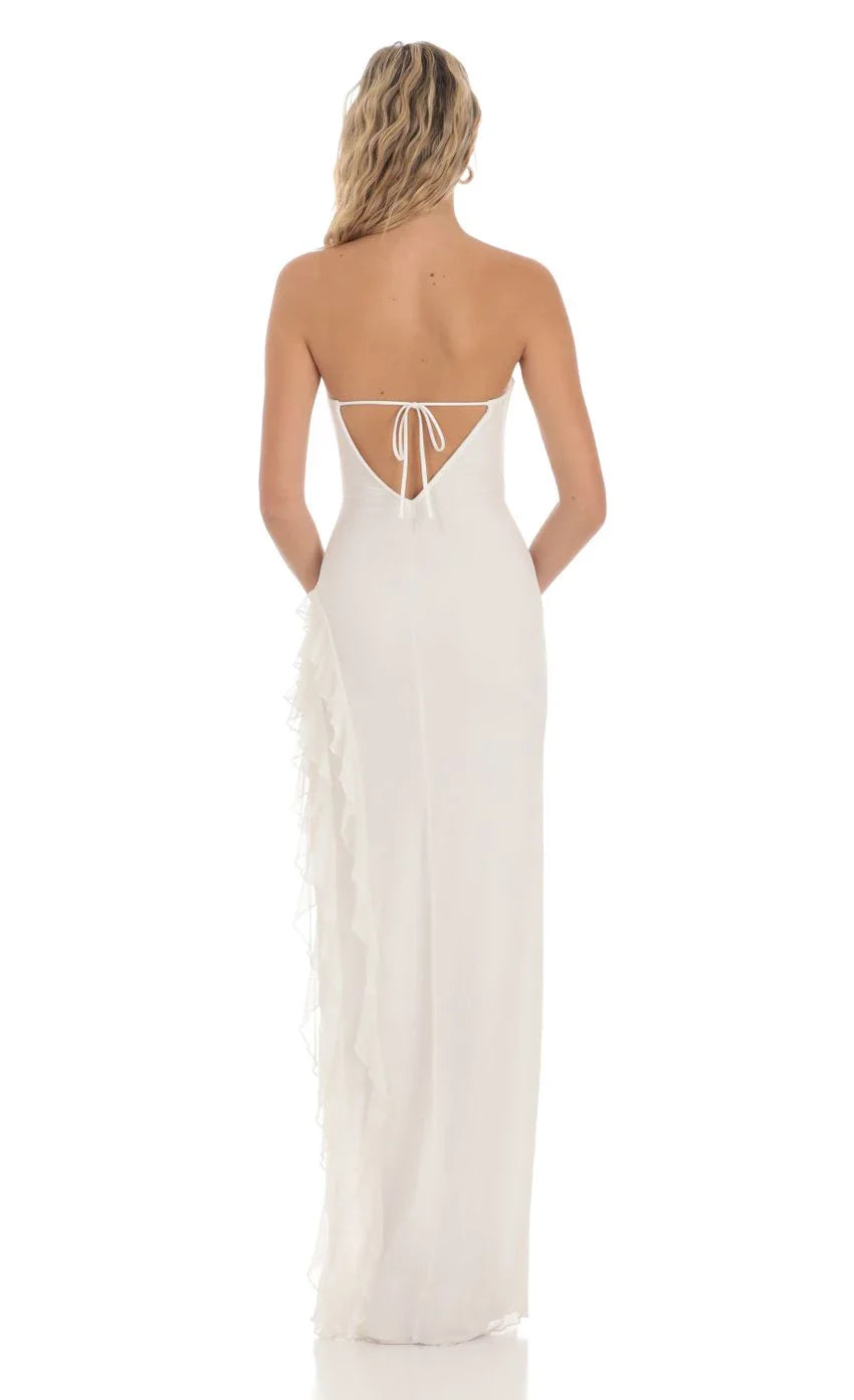 Elegant Sheath Strapless Ivory Ruffled-Side Tie-Back Floor-Length Prom Dresses