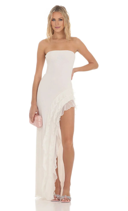 Elegant Sheath Strapless Ivory Ruffled-Side Tie-Back Floor-Length Prom Dresses