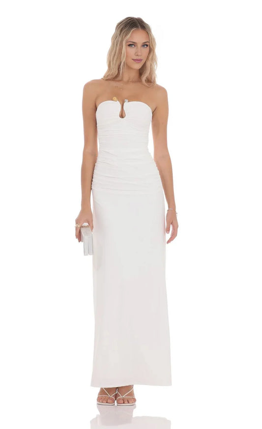 Elegant Sheath Strapless Keyhole-Front Ruched-Back Floor-Length Prom Dresses
