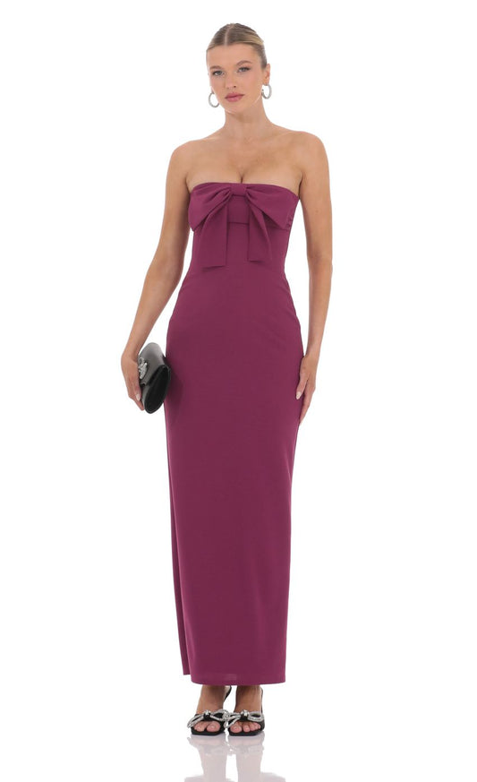 Elegant Sheath Strapless Sleeveless Bow-Accent Deep Magenta Stretch-Fabric Floor-Length Prom Dresses