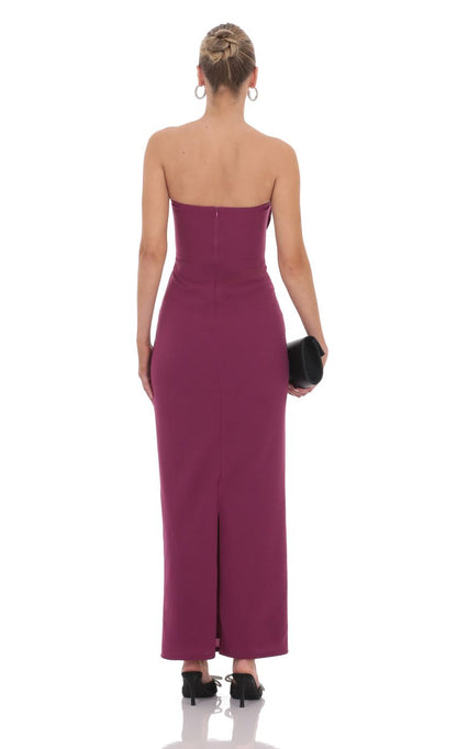 Elegant Sheath Strapless Sleeveless Bow-Accent Deep Magenta Stretch-Fabric Floor-Length Prom Dresses