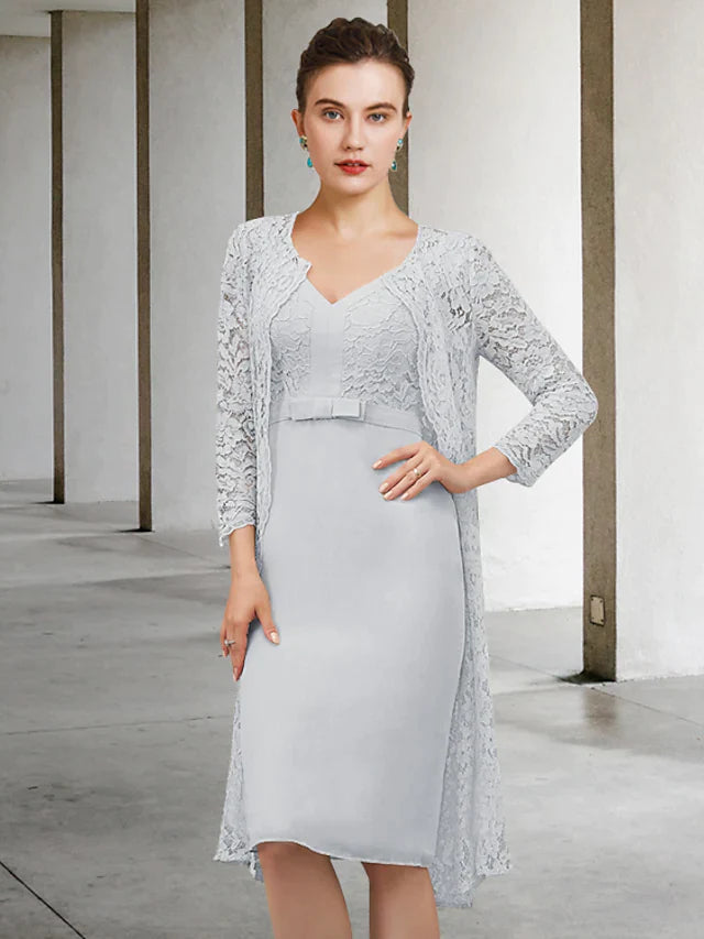 Elegant V-neck long sleeve Mother of the Bride dress with chiffon lace and bow details.