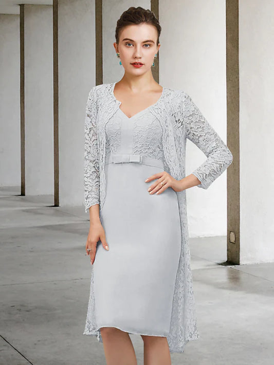 Elegant V-neck long sleeve Mother of the Bride dress with chiffon lace and bow details.