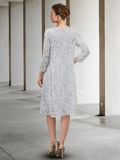 Knee-length chiffon lace dress featuring a V-neckline and long sleeves, perfect for formal events.