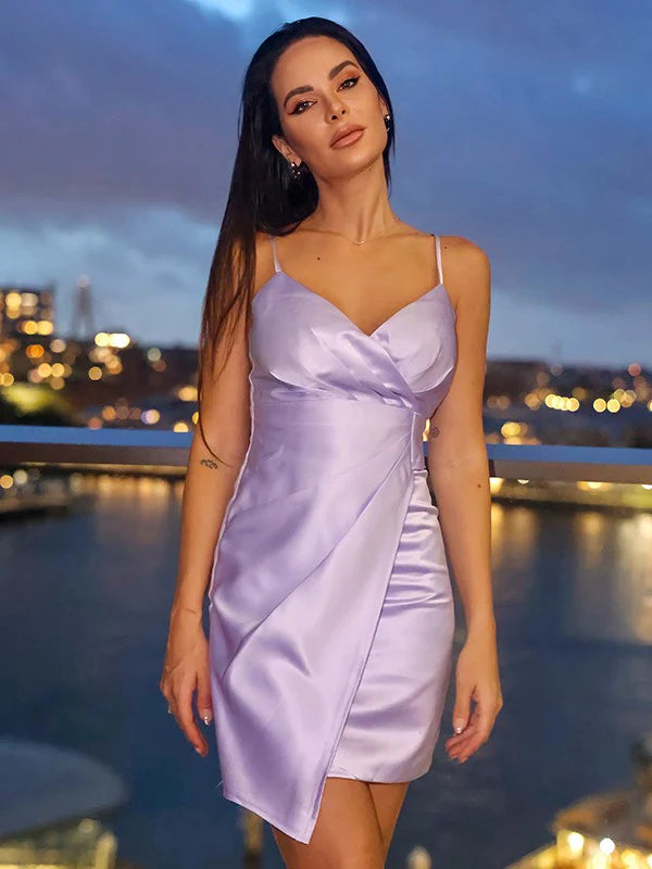 Light blue ruched V-neck silk-like satin mini homecoming dress on a model, front view.