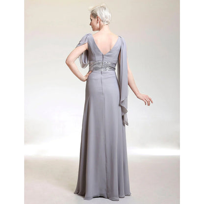 Close-up of the V-neckline and short sleeves of the elegant chiffon evening dress.