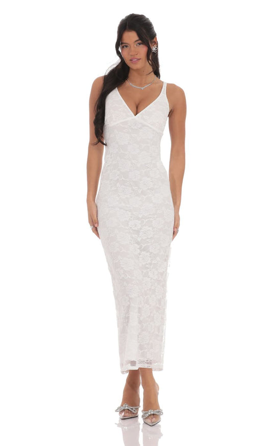 Elegant Sheath V-Neck Sleeveless Keyhole-Back White Rose-Lace Midi-Length Prom Dresses