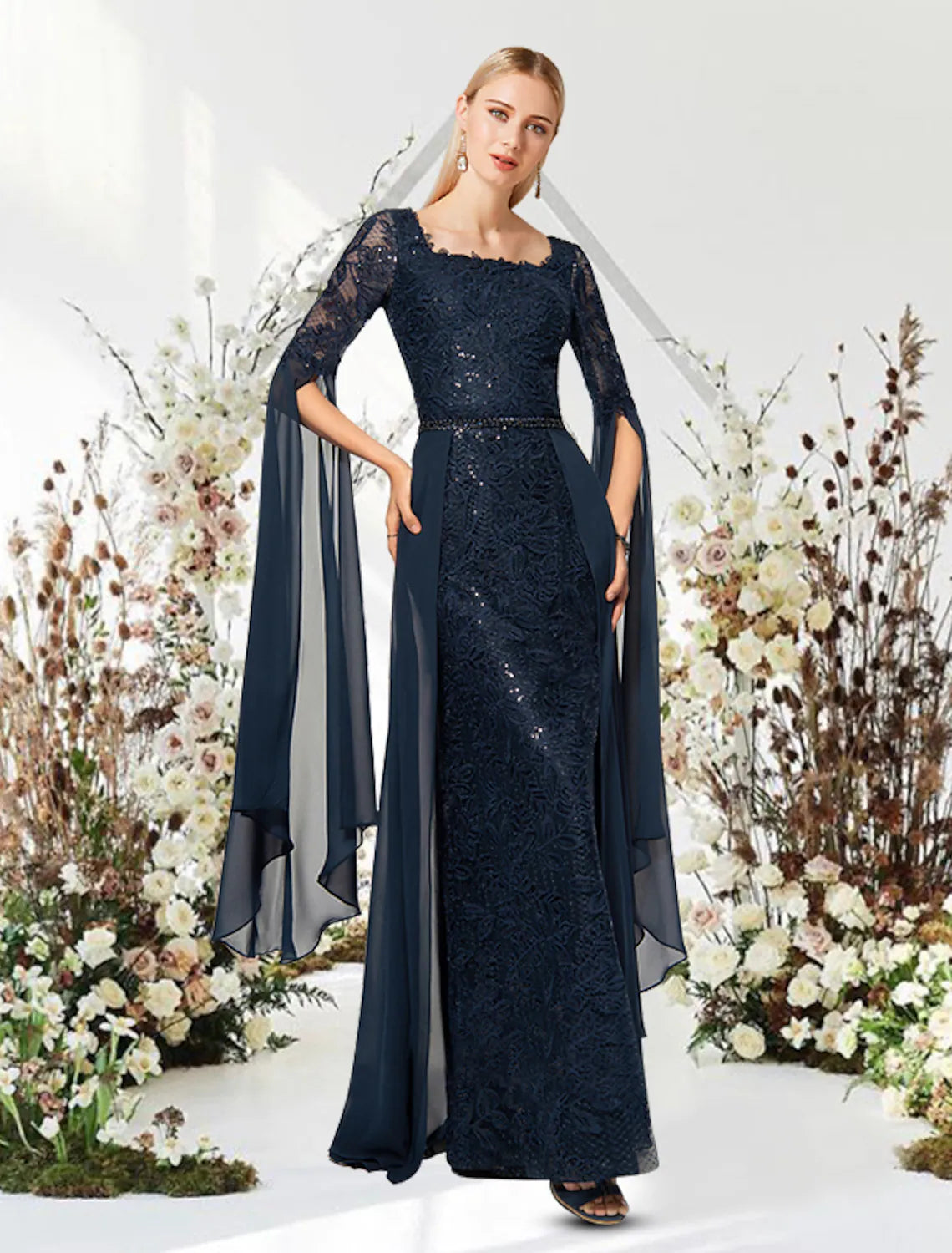 Elegant solid color chiffon evening gown with short sleeves and jewel neck.
