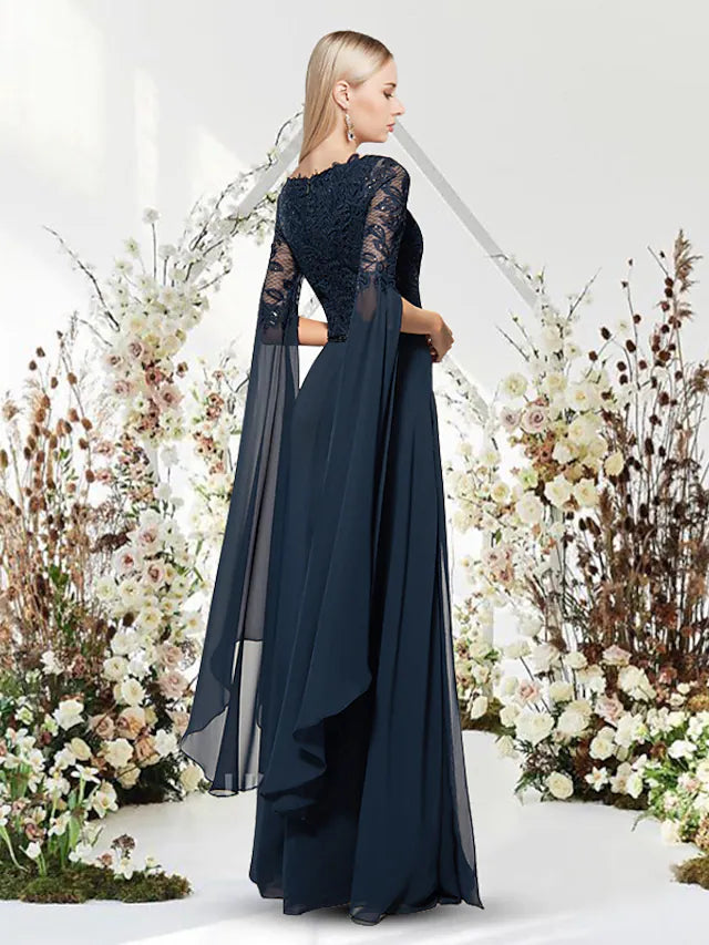 Side view of a floor-length sheath column dress in solid chiffon.
