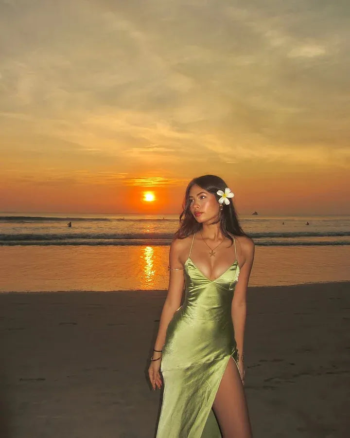 Elegant Spaghetti Strap Backless Lace-Up High Slit Satin Maxi Dress