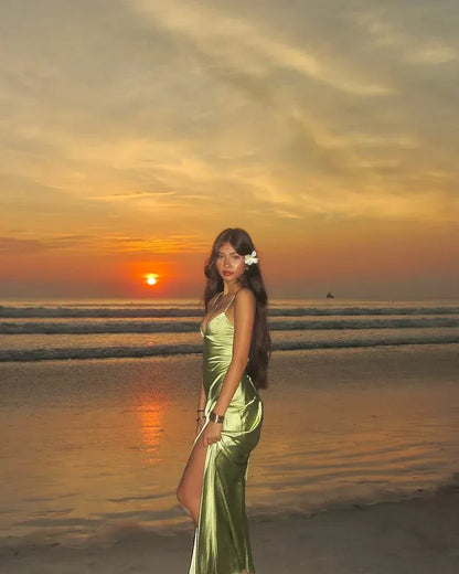 Elegant Spaghetti Strap Backless Lace-Up High Slit Satin Maxi Dress