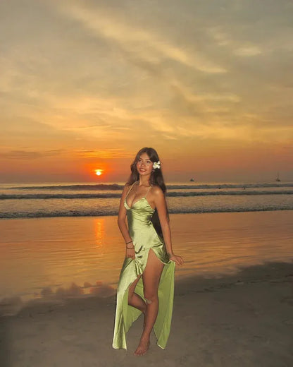 Elegant Spaghetti Strap Backless Lace-Up High Slit Satin Maxi Dress